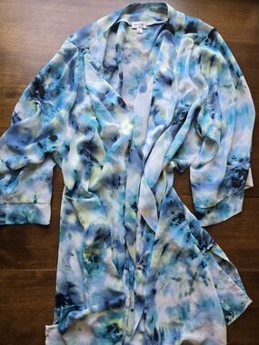 Avenue Sheer Kimono Cardigan Tie Dye Blue Green Open Front Plus Size 18/20